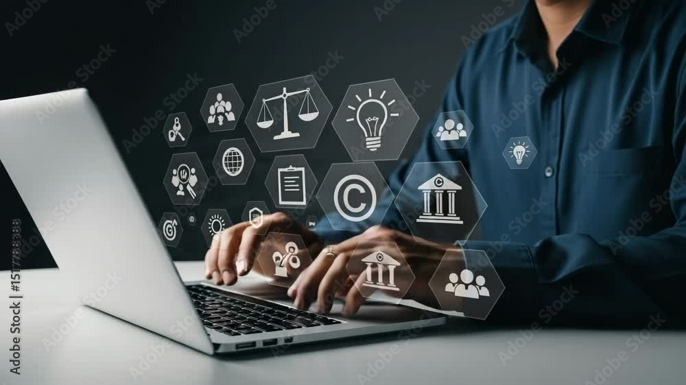 Poster man typing on laptop with digital copyright and legal icons overlayed on a dark background scene