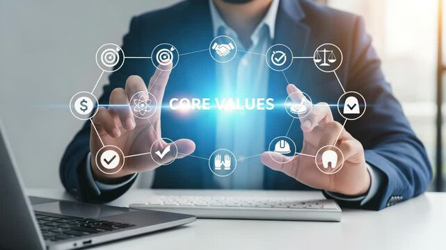 A man in a suit presenting core values with digital icons on a screen in an office setting at a desk