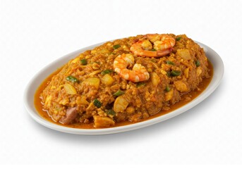 Delicious seafood stew with shrimp, potatoes and green pepper, studio shot