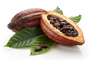 Open cocoa pod with beans and leaves isolated on white background