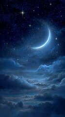 Fototapeta premium Crescent Moon and Starry Night Sky Over Dark Blue Clouds
