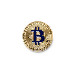 Golden bitcoin on white background, top view