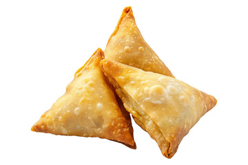 Golden brown crispy samosas isolated on white transparent background, traditional Indian snack concept with fried texture