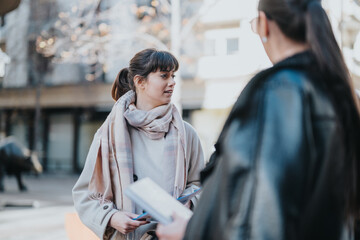 Two women engaged in a professional discussion outdoors, reflecting collaboration and modern...