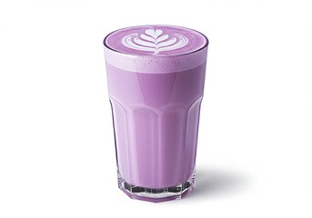 Taro latte art in elegant glass on white backdrop showcases refined flavor