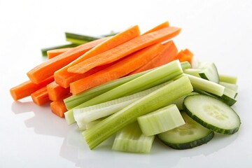 Fresh carrot celery and cucumber sticks isolated on white background