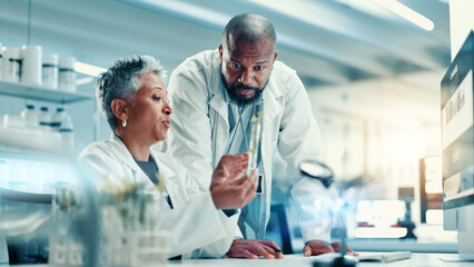 Biology, collaboration and medical with people in laboratory for online development or research....