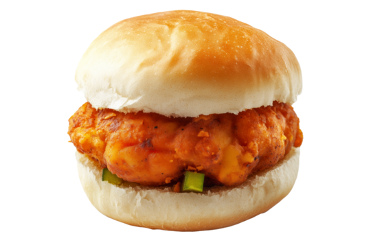 Crispy chicken sandwich Vada pav with red onions, herbs, and soft bun isolated on a white transparent background, concept of fast food meal