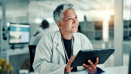 Science, happy and woman on tablet in lab with sample for medical research, vaccine report and medicine. Healthcare, pharmaceutical and scientist on tech for study, medicinal analysis and results