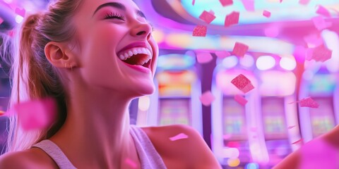 Joyful woman celebrating a win at slot machines with confetti flying around. Vibrant casino atmosphere with neon lights, excitement, and lucky moment captured in dynamic motion..