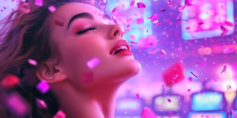 Beautiful woman basking in confetti under neon lights of a casino. Glamorous moment of joy and success, surrounded by slot machines and vibrant purple-pink celebration atmosphere..