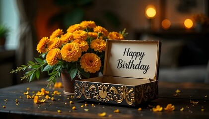 Elegant Birthday Gift Black and Gold Ornate Box with Flowers and Petals on a Wooden Table