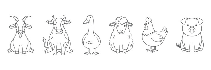 Minimal Farm Animals Line Art Vector Illustration Featuring Goat Cow Goose Sheep Chicken and Pig in Cute Sitting and Standing Poses Perfect for Farm Branding Agriculture Designs