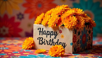 Cheerful Birthday Gift Box Overflowing with Vibrant Orange Gerbera Daisies on a Floral Background