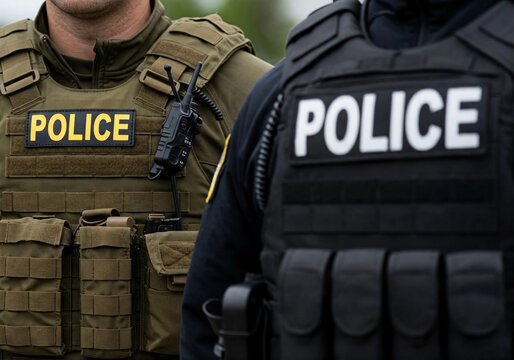 Close-up of two police officers wearing tactical vests and communication radios. One in black, the other in olive green gear, showing law enforcement equipment and body armor details. - Powered by Adobe