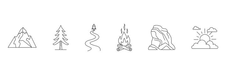 Mountain Landscape with Pine Tree, Winding Trail, Campfire, Rock Formation, and Sun with Clouds in a Scenic Outdoor Setting

