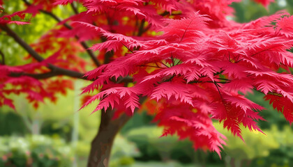 The vibrant red leaves of a Japanese maple tree in full bloom, creating a stunning display of color.