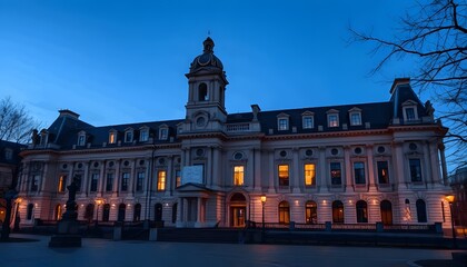 Obraz premium A captivating twilight view of an old building, showcasing intricate architecture and warm interior light.