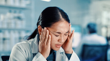 Woman, headache and stress at lab for science, study and burnout with project for medical research....
