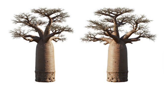 Twin baobab trees stand majestically against a stark white background