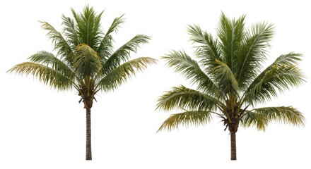 Two lush coconut palms isolated against a stark white backdrop beautifully