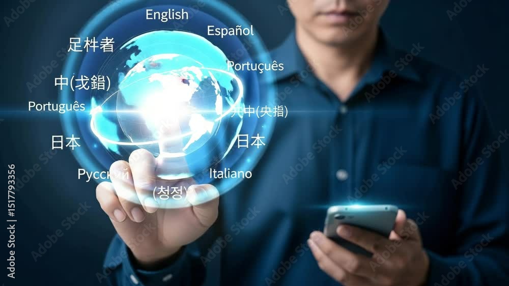 Poster person interacting with a digital globe displaying different languages on a dark blue background