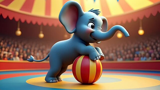 Cute Cartoon Elephant Balancing On Circus Ball  
