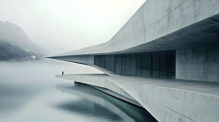 Modern Concrete Architectural Structure Overlooking Misty Lake