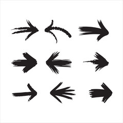 A set of nine hand-drawn arrow icons in black ink on a white background.