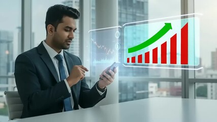 Businessman analyzing financial data on a smartphone while seated in a modern office with city view - Powered by Adobe
