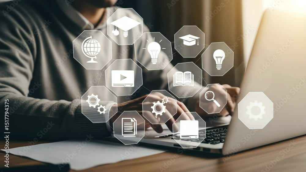 Poster person using laptop with education icons overlayed on screen for learning and development concept