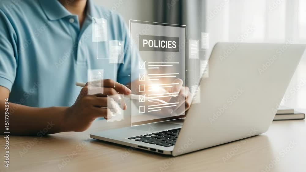 Poster man reviewing policies on laptop with digital pen and floating document icons in bright office