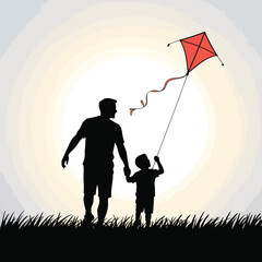 Father and son silhouette enjoying kite flying outdoors celebrating family bond together in a peaceful sunset scene