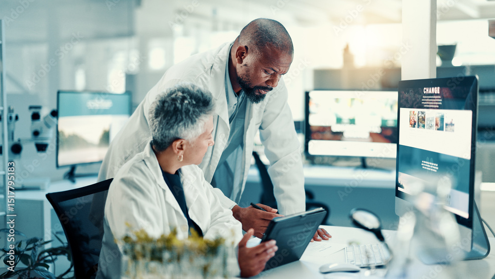 Poster research, plant and tablet with people in laboratory for biotechnology science, medical and growth. 