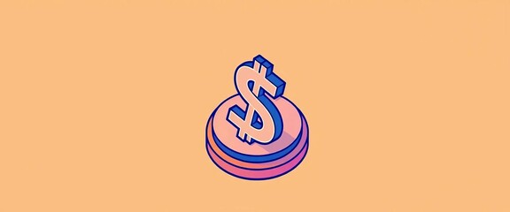 Isometric dollar coin icon; minimalist line art vector illustration for sticker, print, web,  money,  print