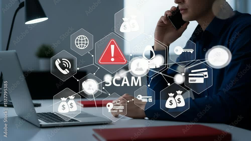 Poster Man on phone with scam graphic overlay on desk with laptop and lamp in a dimly lit room setting