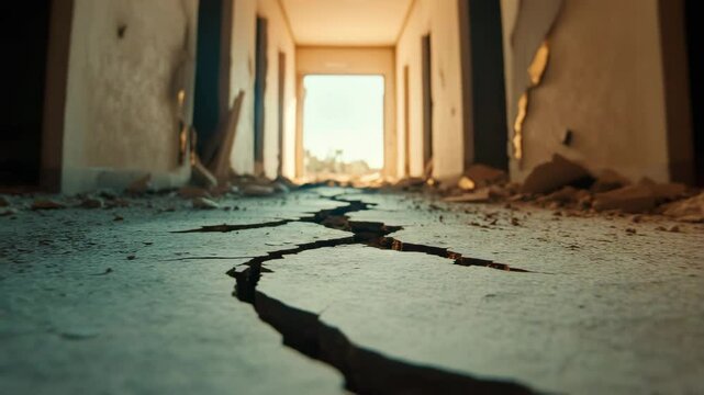 Cracked floor abandoned building hallway with sunlight streaming through doorway, debris scattered, damaged walls, dramatic and tense atmosphere, concept of disaster and destruction, earthquake