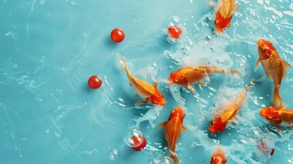 Goldfish Splashing in Clear Blue Water with Vibrant Red Balls, Underwater Movement, Aquatic Life, Fish Playing, Copy Space for Text, Colorful Aquarium Scene