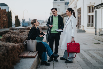 A group of colleagues collaborating effectively during an outdoor meeting.