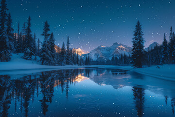 Magical northern lights reflecting on a still lake, surrounded by pine trees under a starry sky.