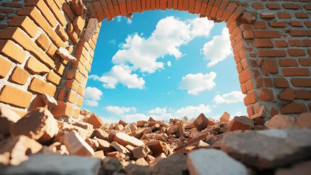 Broken brick wall with arch reveals blue sky and clouds, sunlight shining through, debris and rubble ground, symbolizing hope and new beginnings, while ruined brick wall arch with broken bricks