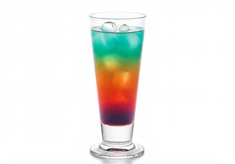 Vibrant layered cocktail with ice cubes, showcasing an array of color gradation