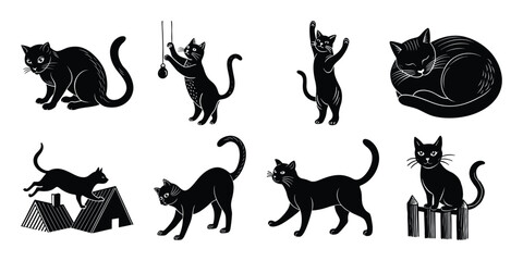 Cats Silhouettes, Set silhouette of cat isolated on white background, Cat silhouette different vector
