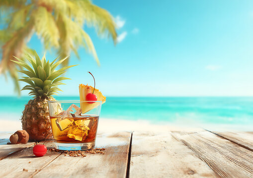 Tropical cocktail with pineapple garnish and cherry on a wooden table at the beach