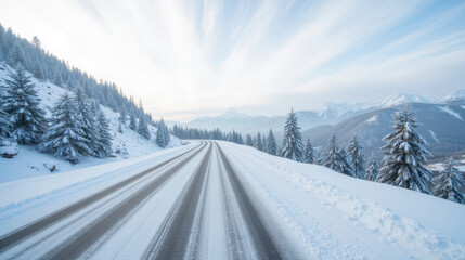 Serene winter landscape featuring snow covered road winding through tall evergreen trees, with majestic mountains background. soft light creates