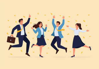 Flat vector illustration of four cartoon-style adults jumping and celebrating amid falling yellow confetti. All wear business attire, symbolizing success, teamwork, and joyful achievement.