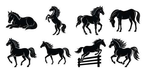 horse silhouette set. horse different poses silhouette icon vector collection, Black horse silhouettes set isolated on white background