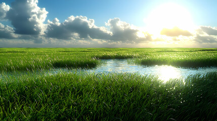 Green Meadow Landscape at Sunset