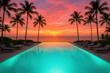 Sun setting over palm tree-lined pool.