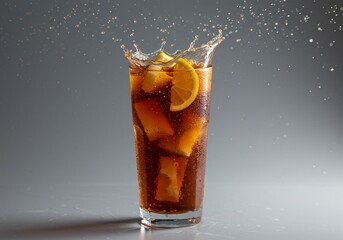 Refreshing cola splash with lemon slices in a clear tall glass on gray background